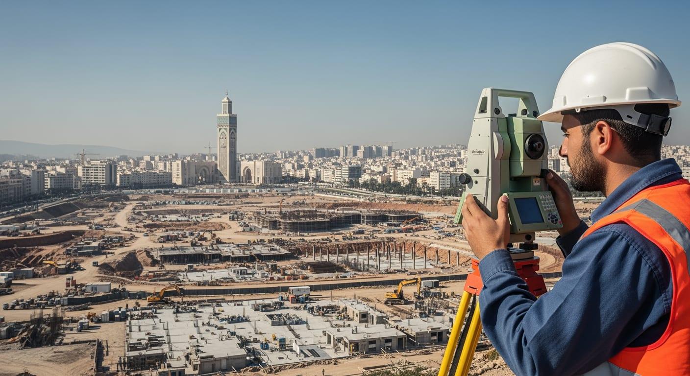 Géomètre topographe à Casablanca réalisant un relevé topographique sur chantier
